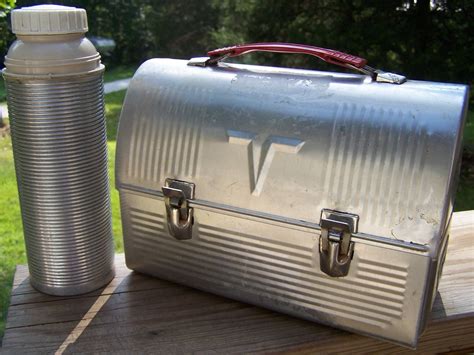 vintage metal lunch box with thermos in green leather|old collectible metal lunch boxes.